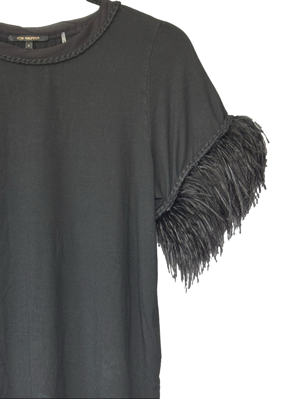 Kobi Halperin Black Feather Trim Miley Top Braided Neckline Blouse Chic Glam - Picture 2 of 9